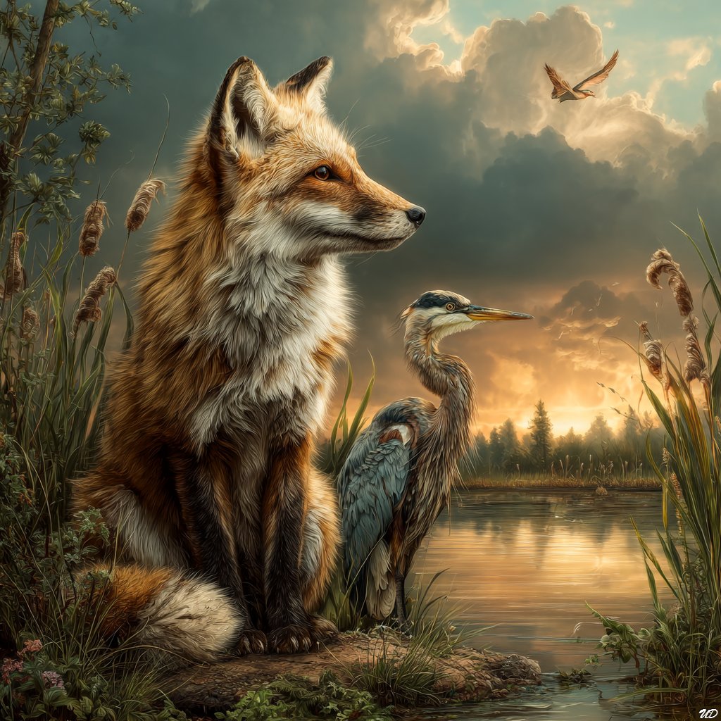 金色时刻的北极狐与蓝鹭素描