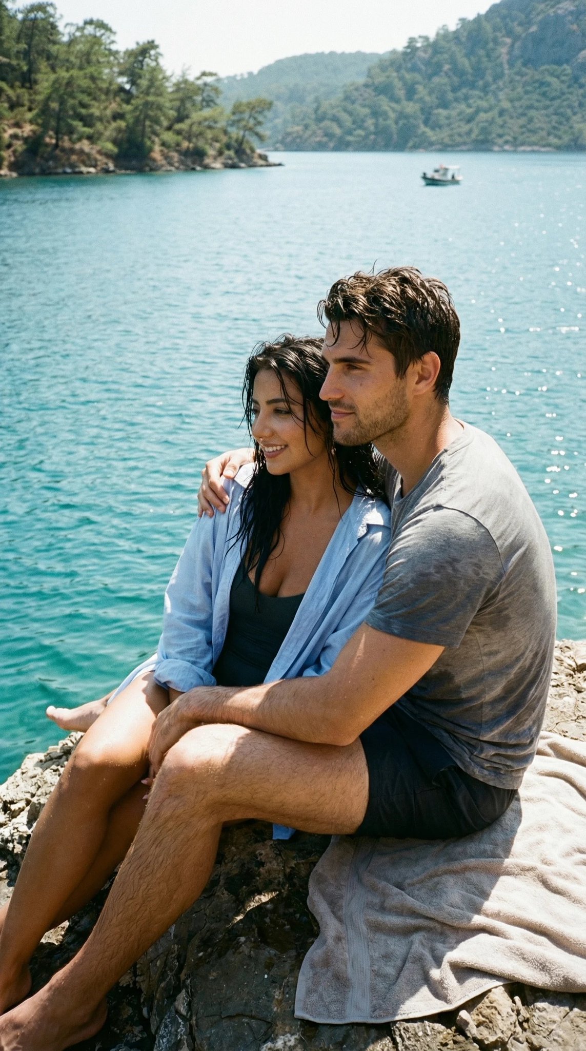 游泳后停驻于岩石边缘