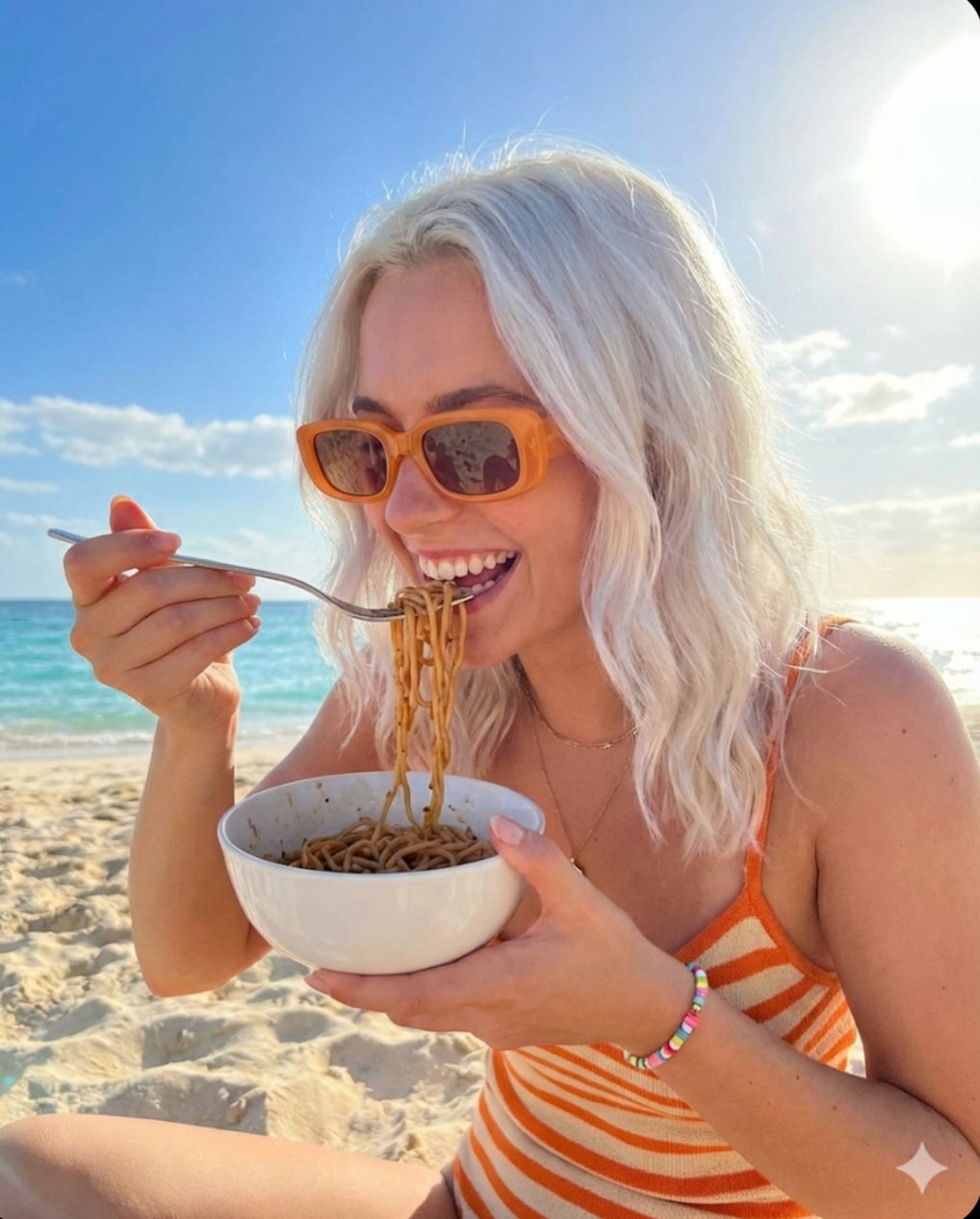 夏日海滩美食摄影：年轻女性吃面