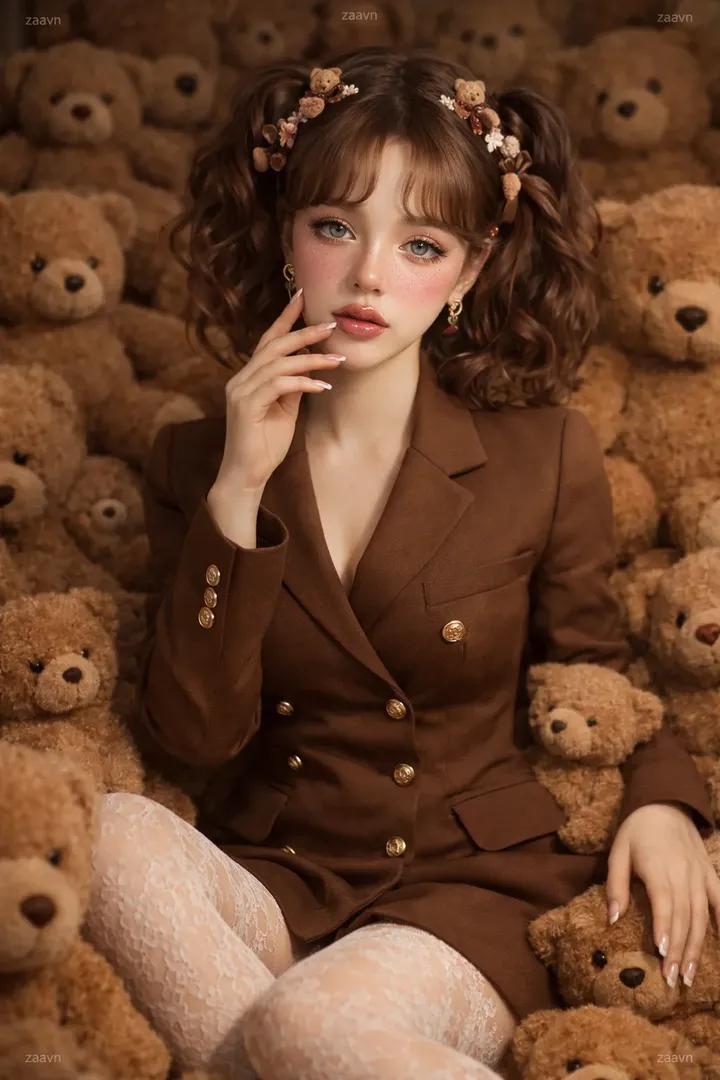 年轻女性坐在木地板上，周围是各种尺寸的棕色泰迪熊