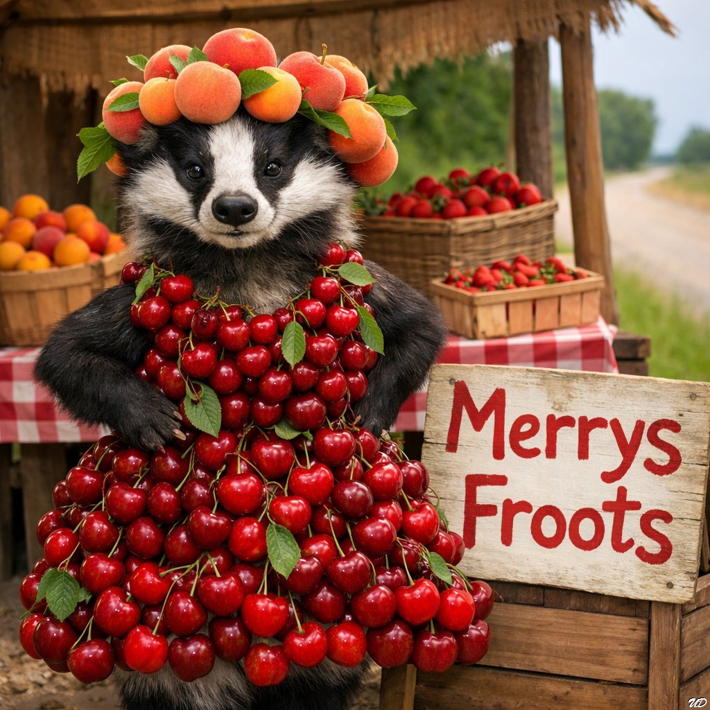 穿着樱桃连衣裙的刺猬站在水果摊旁