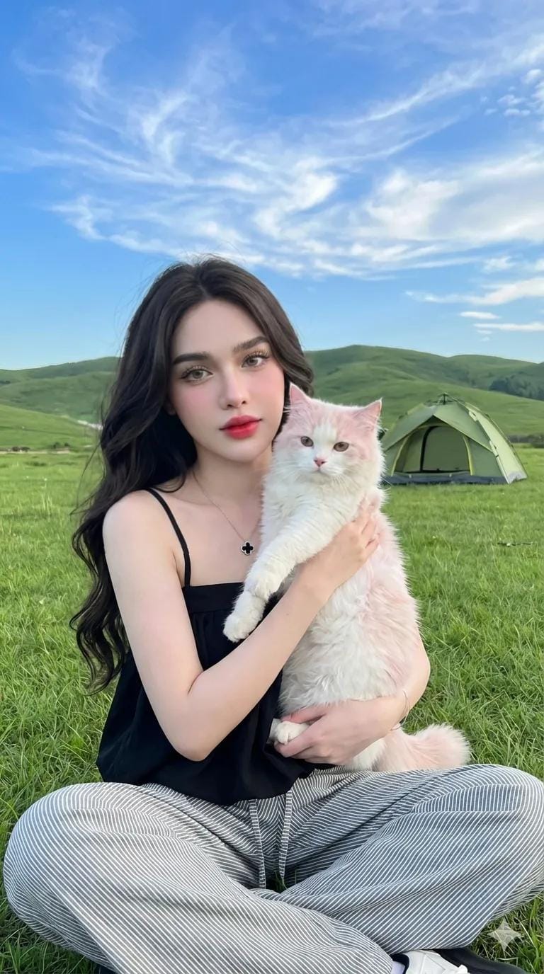 美丽的东亚年轻女子与猫咪在绿草地上