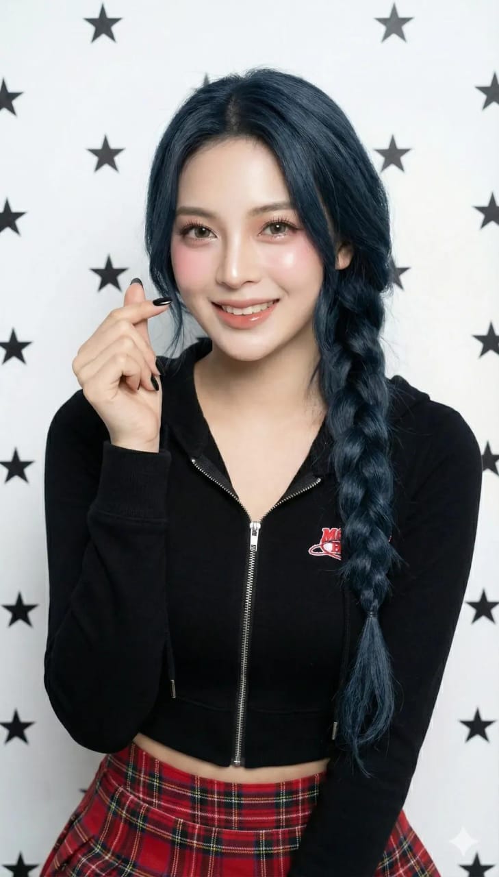 蓝色长发女子的近距离肖像