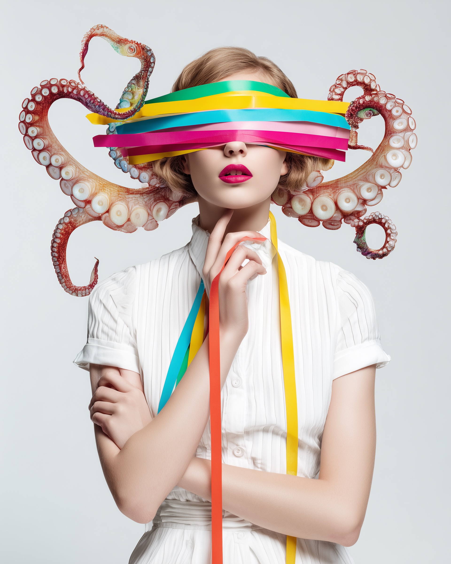 白色紧身连衣裙女性模特，背景为白色，杂志剪贴的章鱼图案叠加，色彩鲜艳