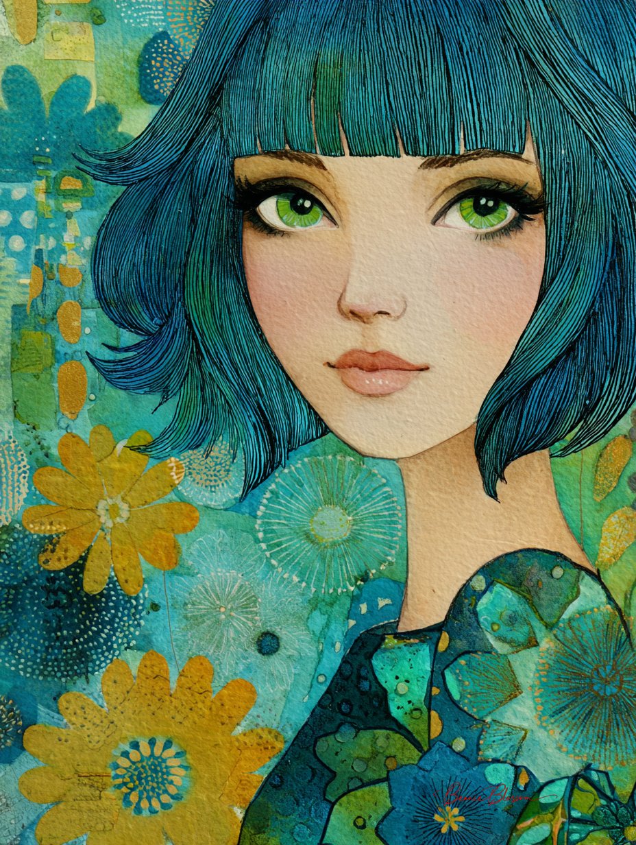 蓝色头发女孩的混合媒体艺术肖像