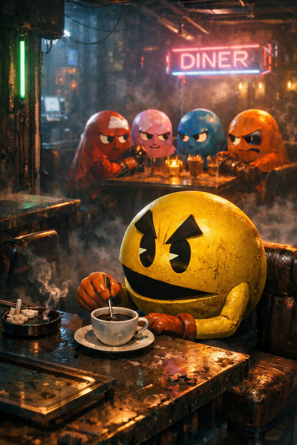 PAC-MAN与四小怪在赛博朋克风格的酒吧