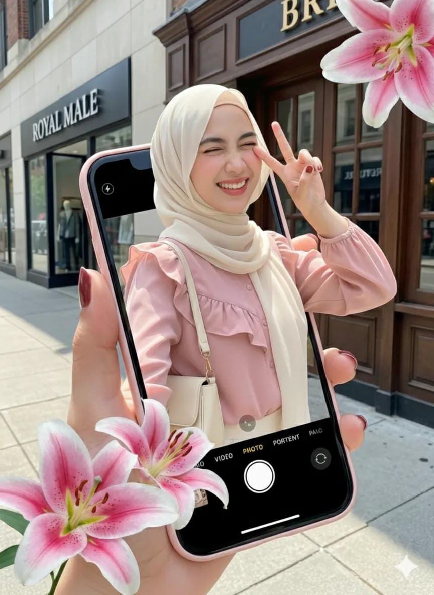 手持粉色智能手机拍摄头巾女性的照片编辑