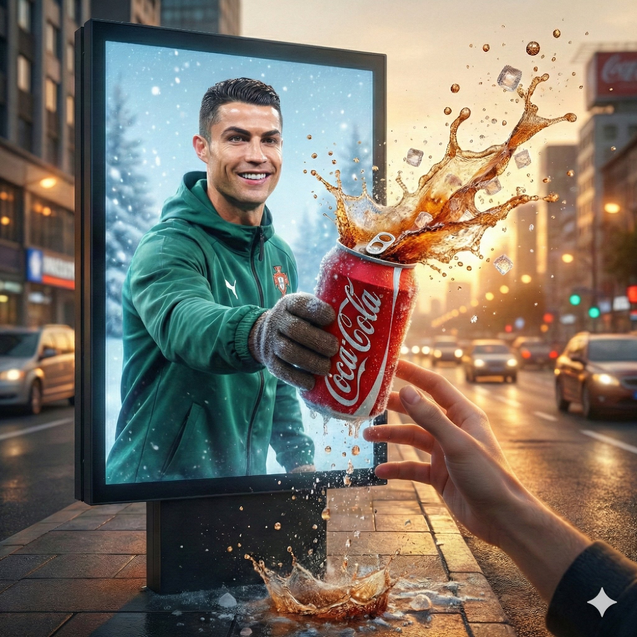 城市路边黄金时刻的超现实主义广告照片