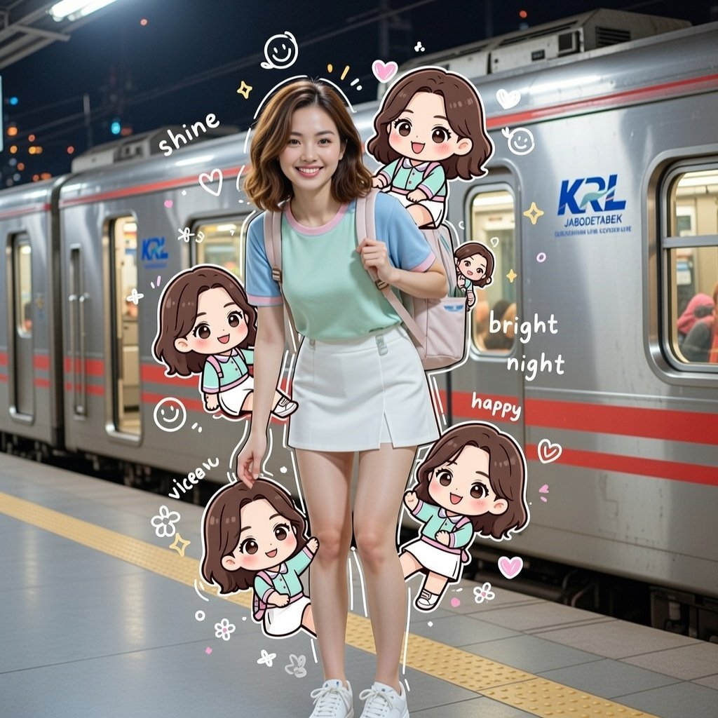 夜晚火车站平台上的活泼少女与她的Chibi伙伴