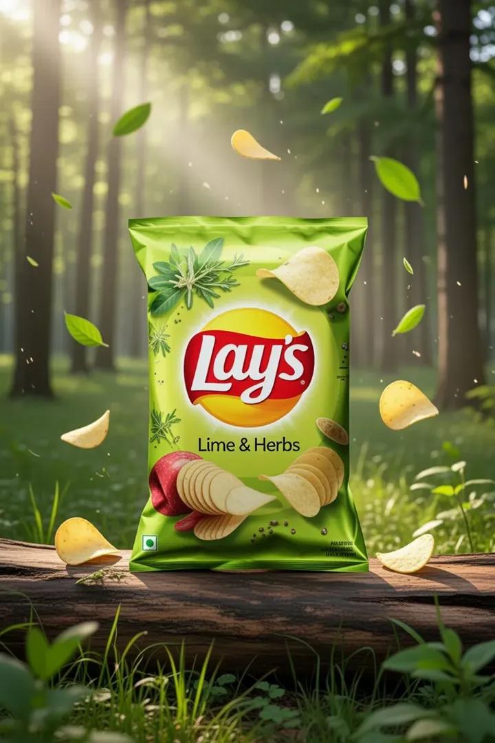 户外美食广告，展示绿色森林中的木棍上放置的Lay's Lime & Herbs薯片包装