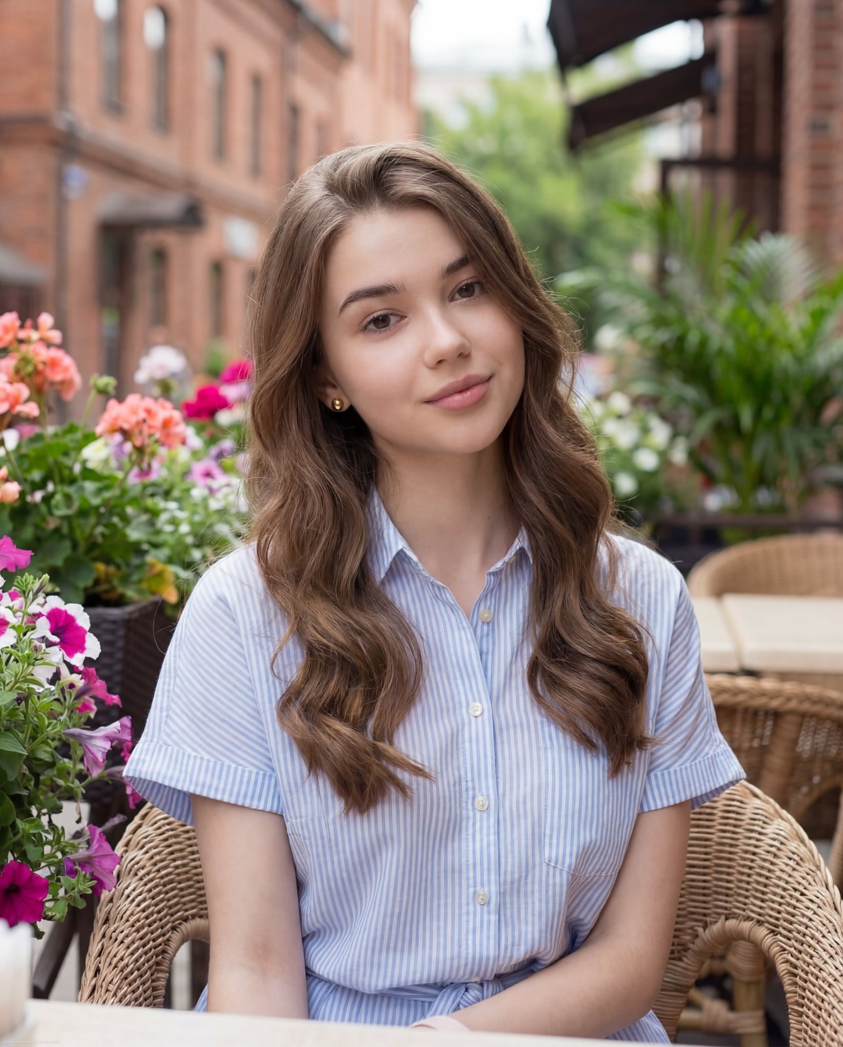 户外花店咖啡馆中的年轻女性