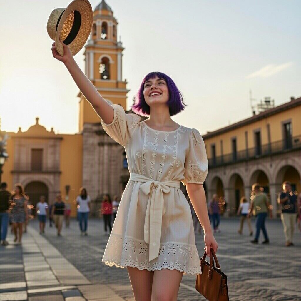 欧洲小镇广场的欢快年轻女子肖像