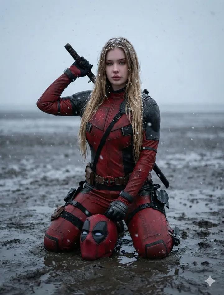 使用Sydney Sweeney面部特征的女子在雪地上的特写