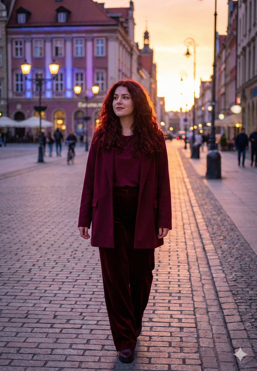 欧洲古城石板路上的自信红发女子