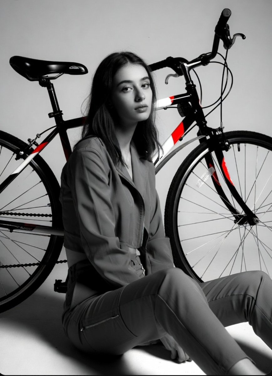现代都市自行车旁的年轻女性坐像