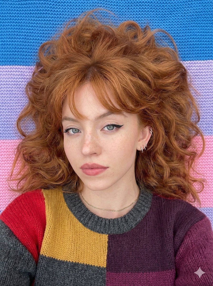 色彩斑斓的针织毯上的红发年轻女子