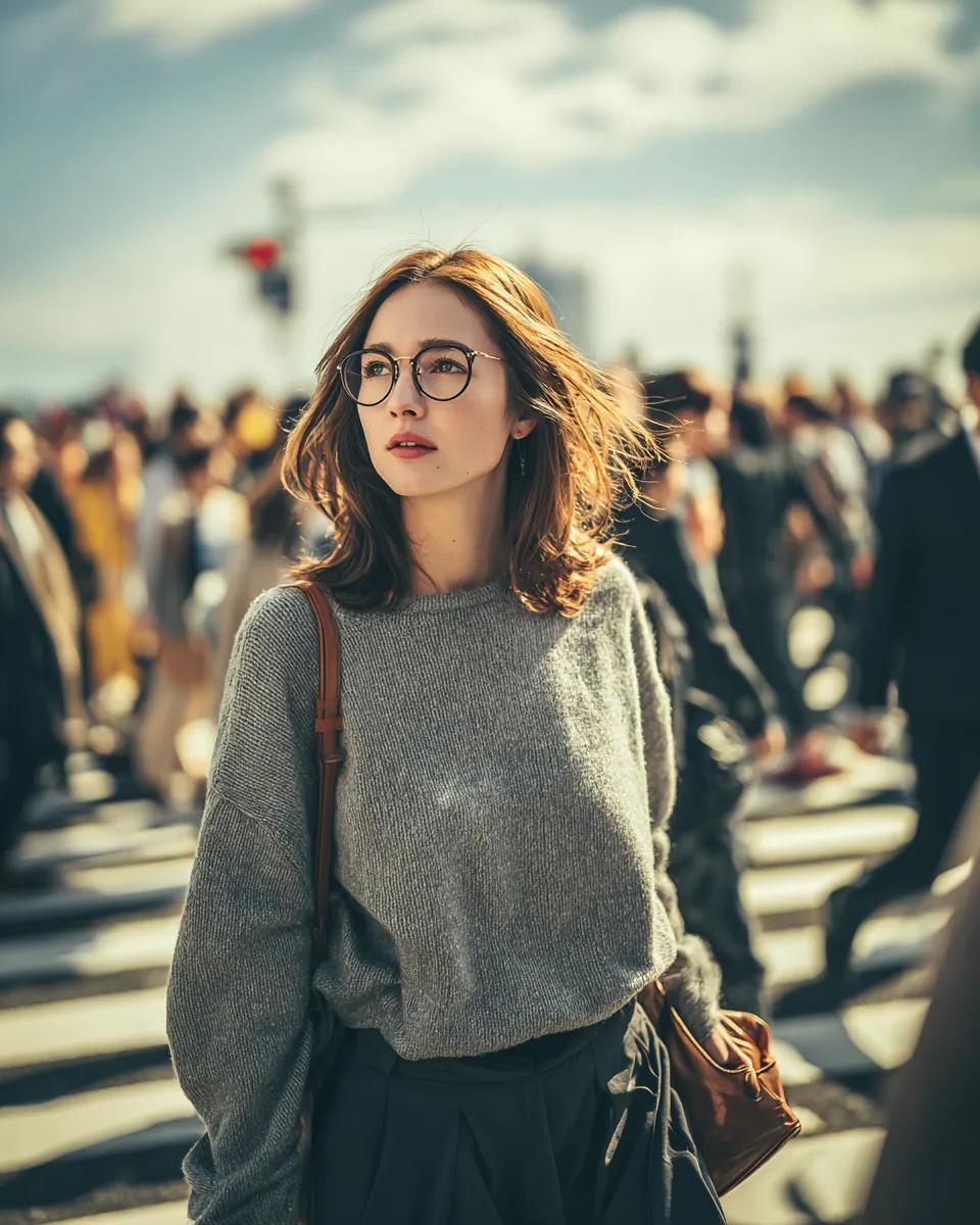 街头快照：时尚女性在繁忙的十字路口