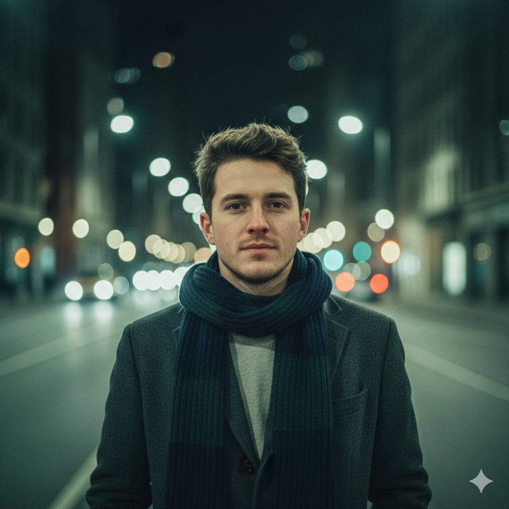 夜晚城市街道中年轻男性的电影式中景