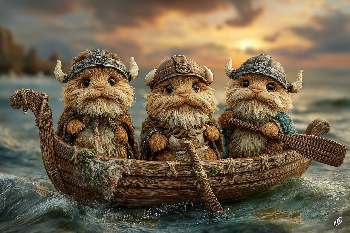 可爱维京生物乘木筏航行