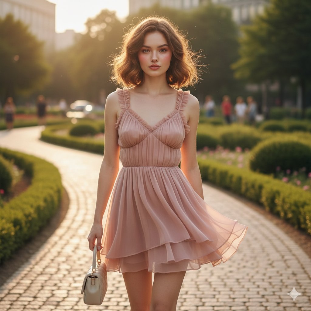 现代公园中金色时光下的时尚漫步