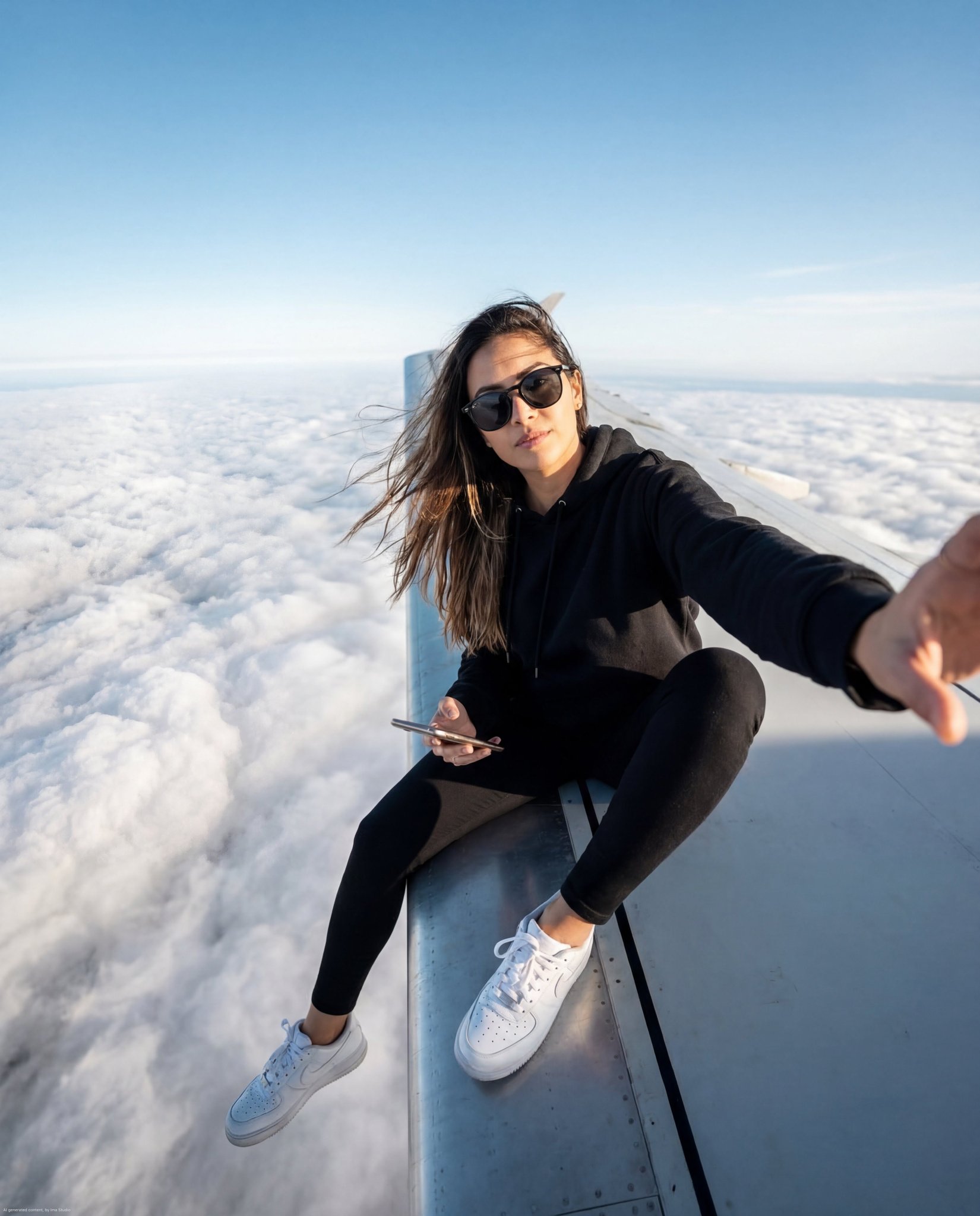 云端飞机翼上的时尚年轻女性