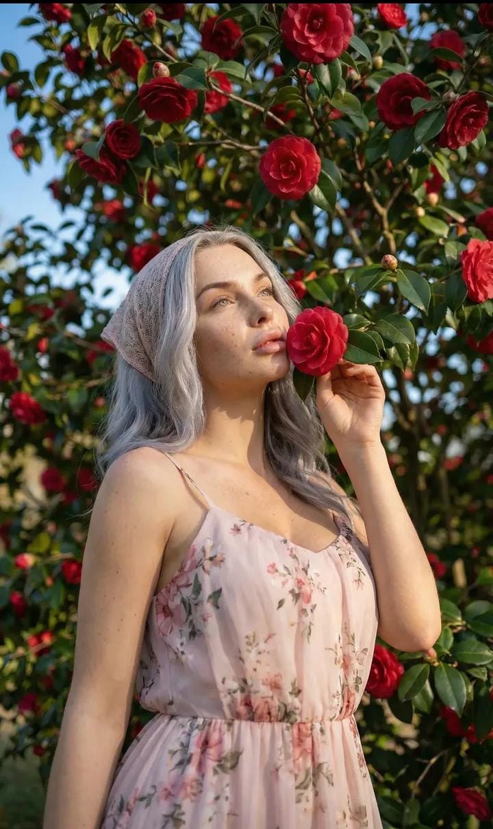 自然光下的茶梅树下肖像