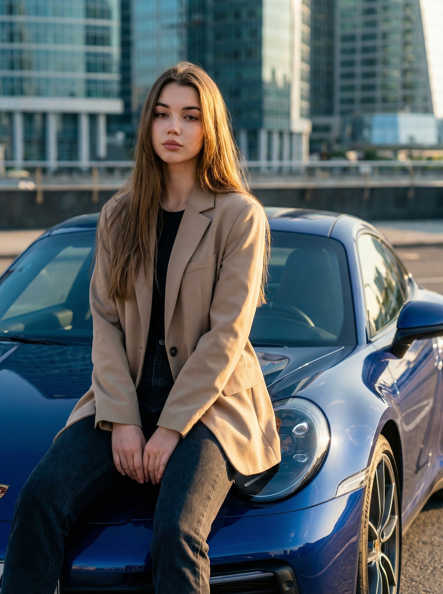 时尚年轻女性与豪华蓝色保时捷