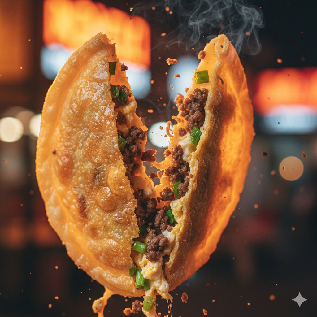 印尼街头摊位上的脆皮鸡蛋卷特写