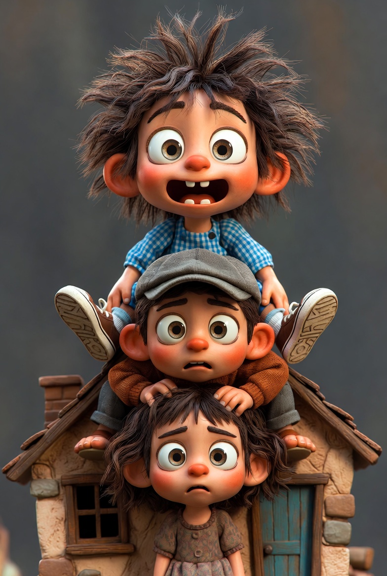 三个奇妙孩子堆叠在小型乡村屋上的3D卡通雕塑