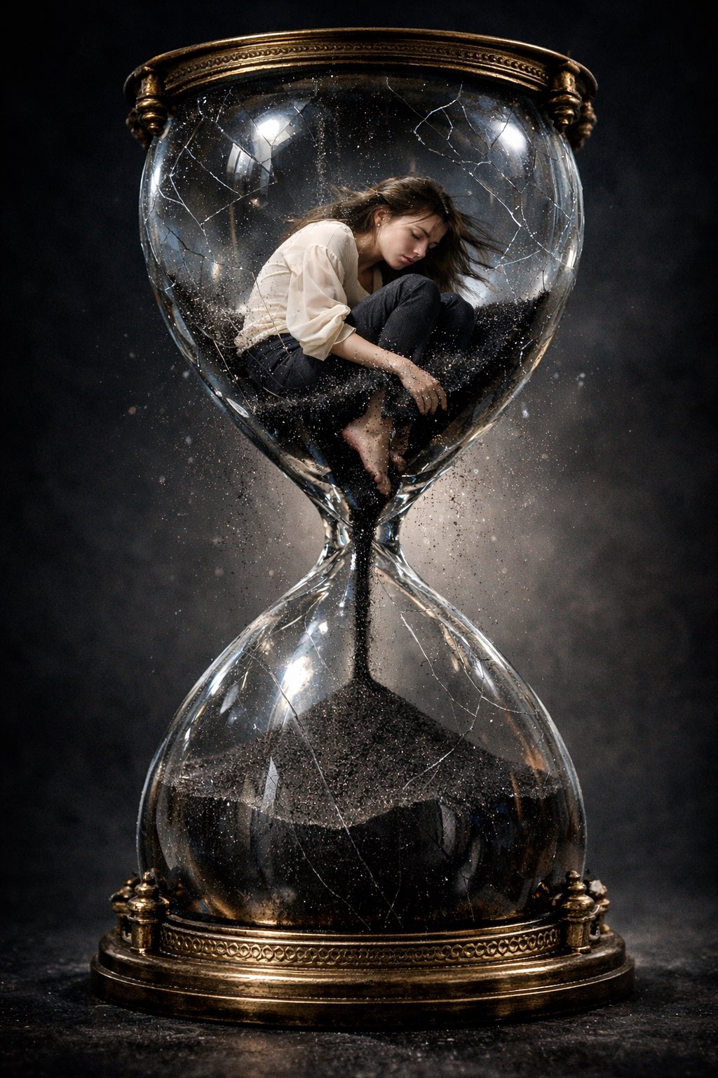 年轻女性悬浮在巨大裂缝沙漏中的超现实主义概念肖像
