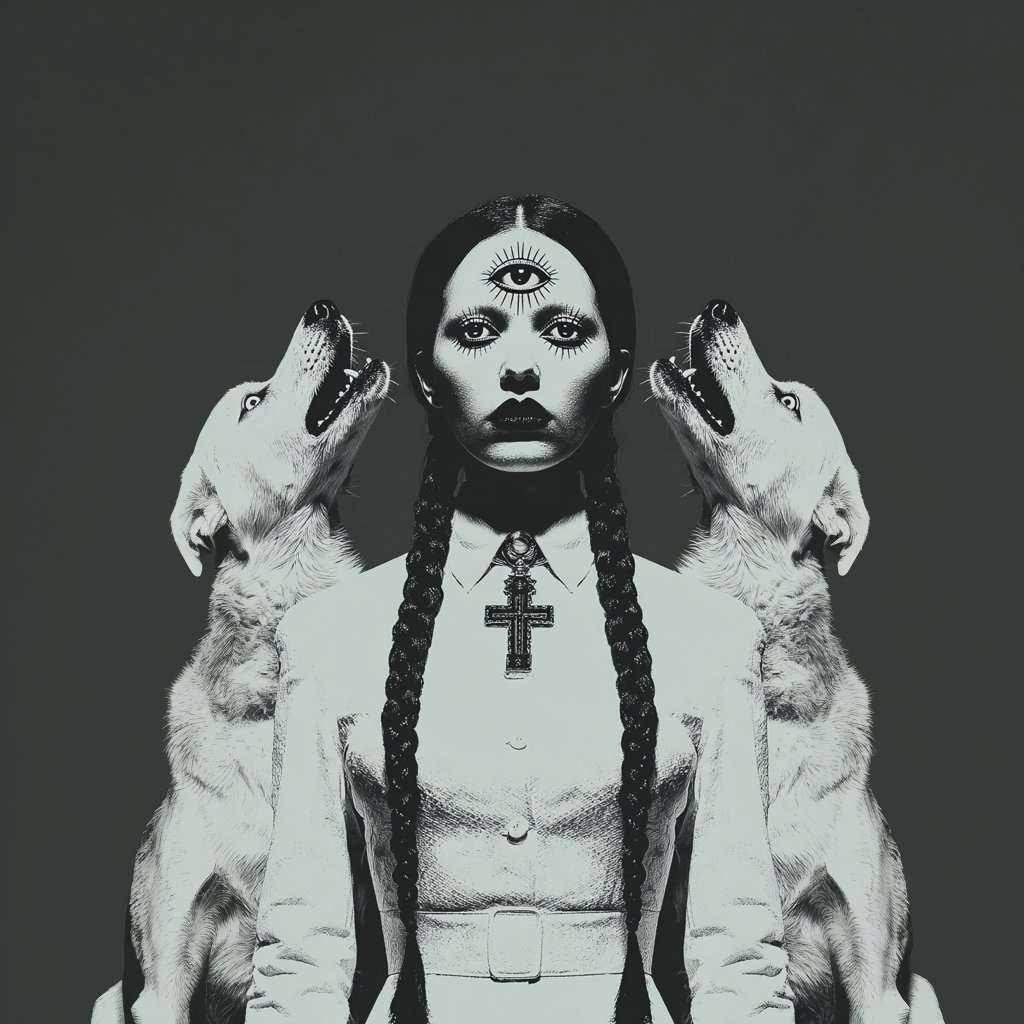 拥有两根长辫子的女人，肩上两只狗，脸部中央有三个眼睛，以Yves Saint Laurent风格呈现，白色色调，超现实拼贴， kitsch审美，简约背景，超现实主义科幻风格，正面拍摄，对称构图。