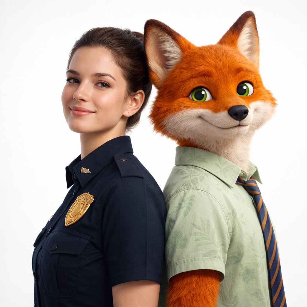 新人类主体与拟人化3D狐狸角色双人肖像