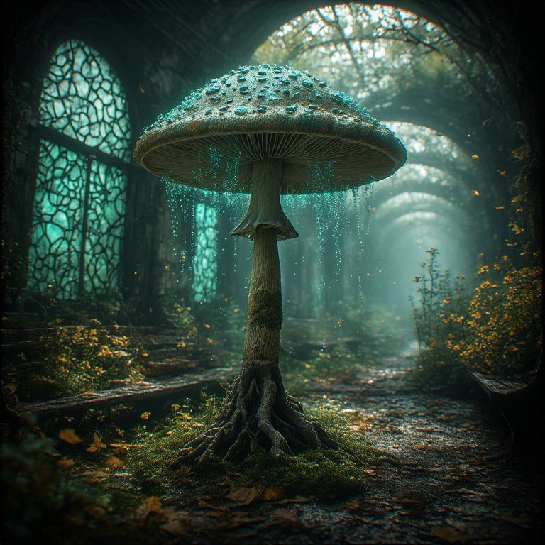 古老地铁隧道中的生物发光蘑菇温室