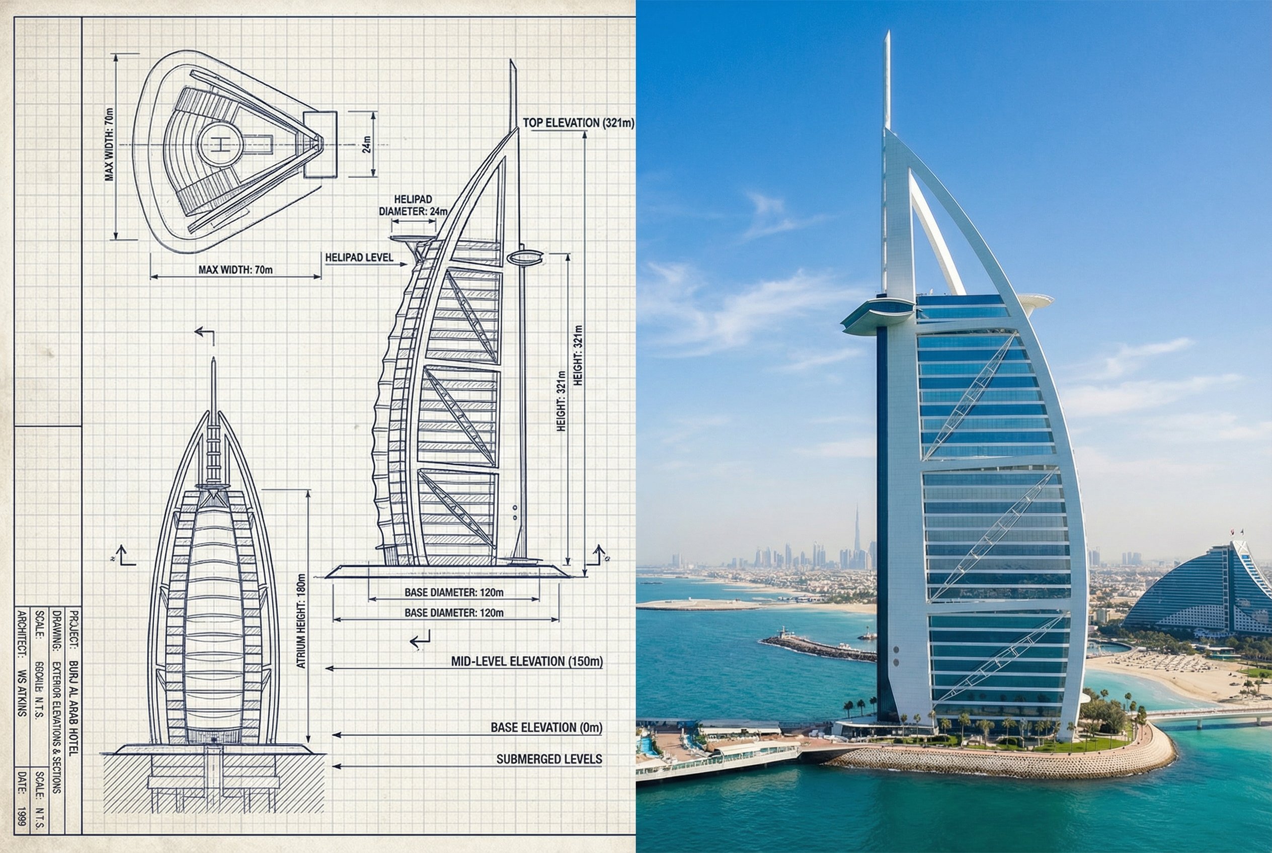 Burj Al Arab 外部草图与实景对比