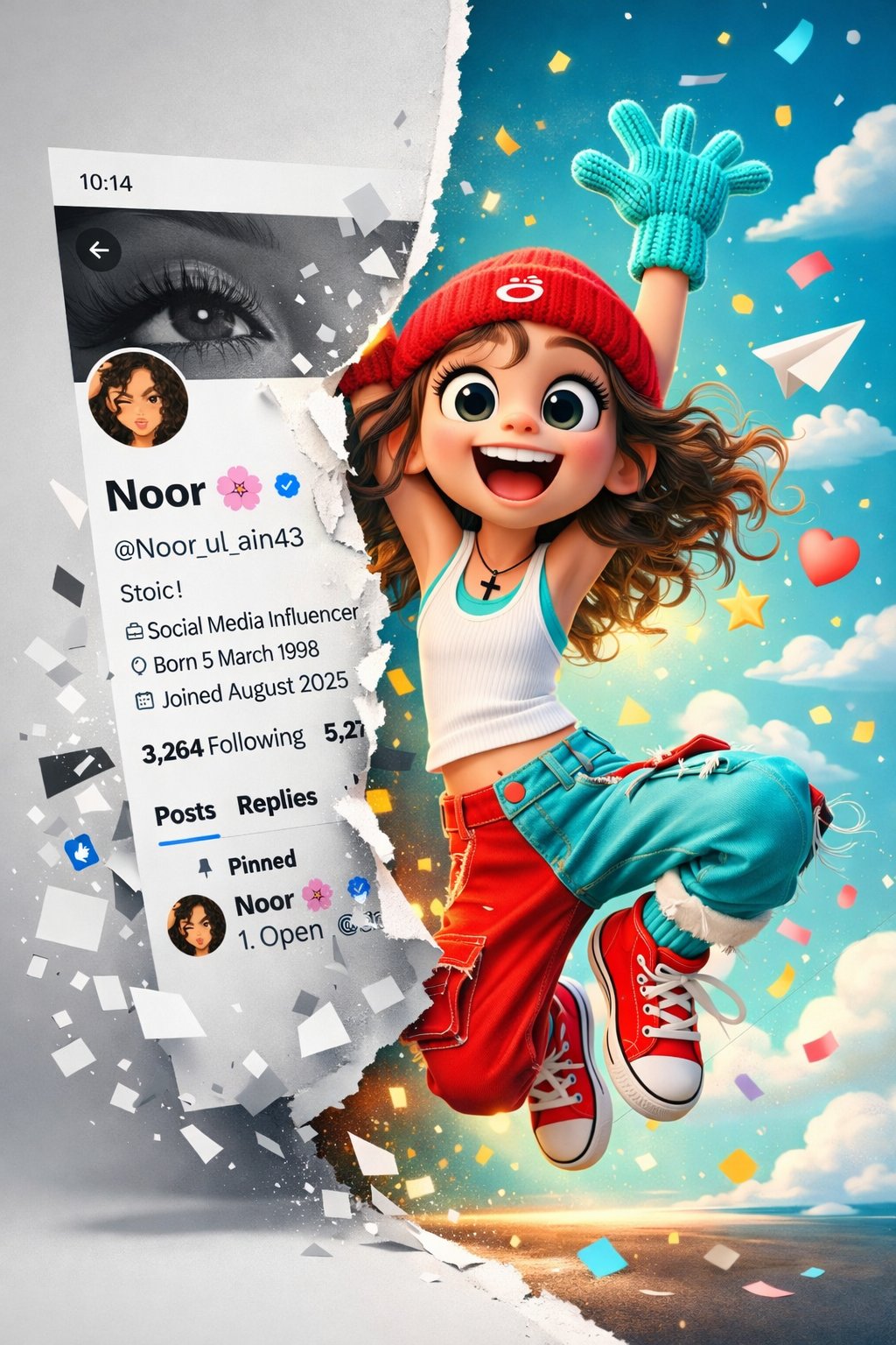 Twitter账号截图与卡通女孩的3D艺术作品