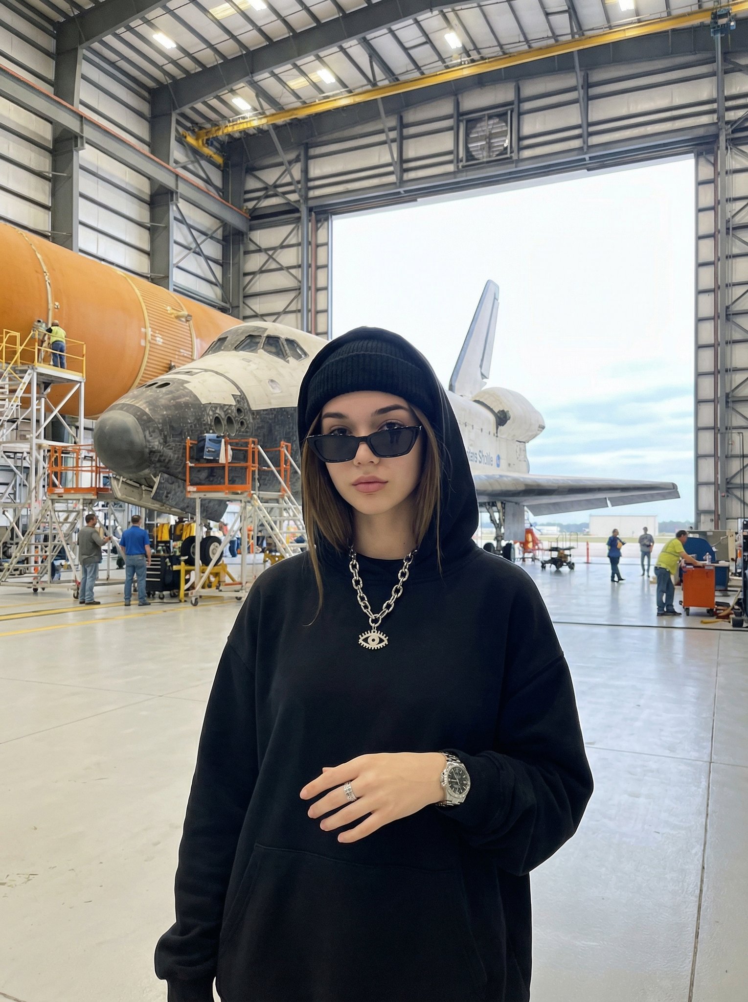 自信女性在航天机库中