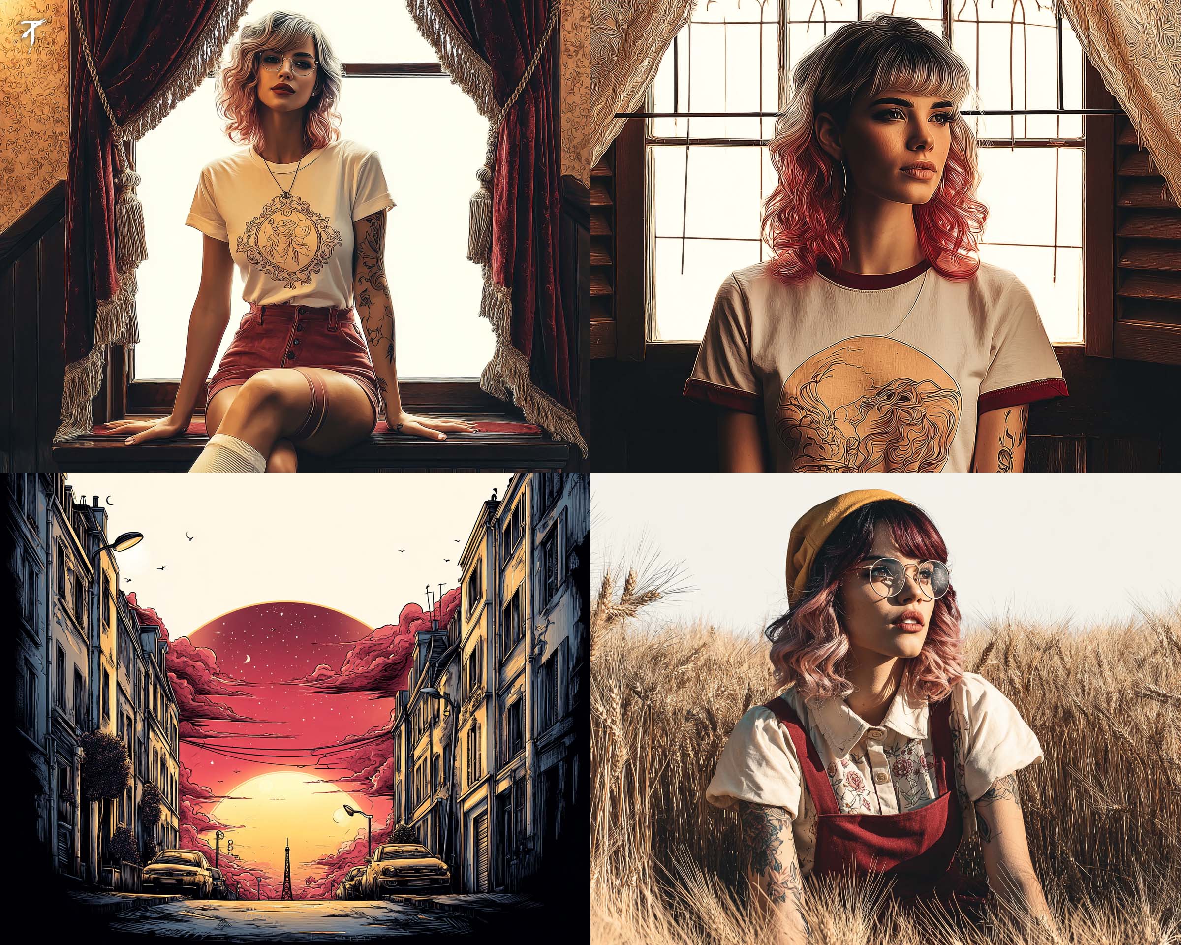 早晨问候 ☕️ 舒适的复古人像，带有一点图形感：温馨的光线，粉色头发，时尚的服装。