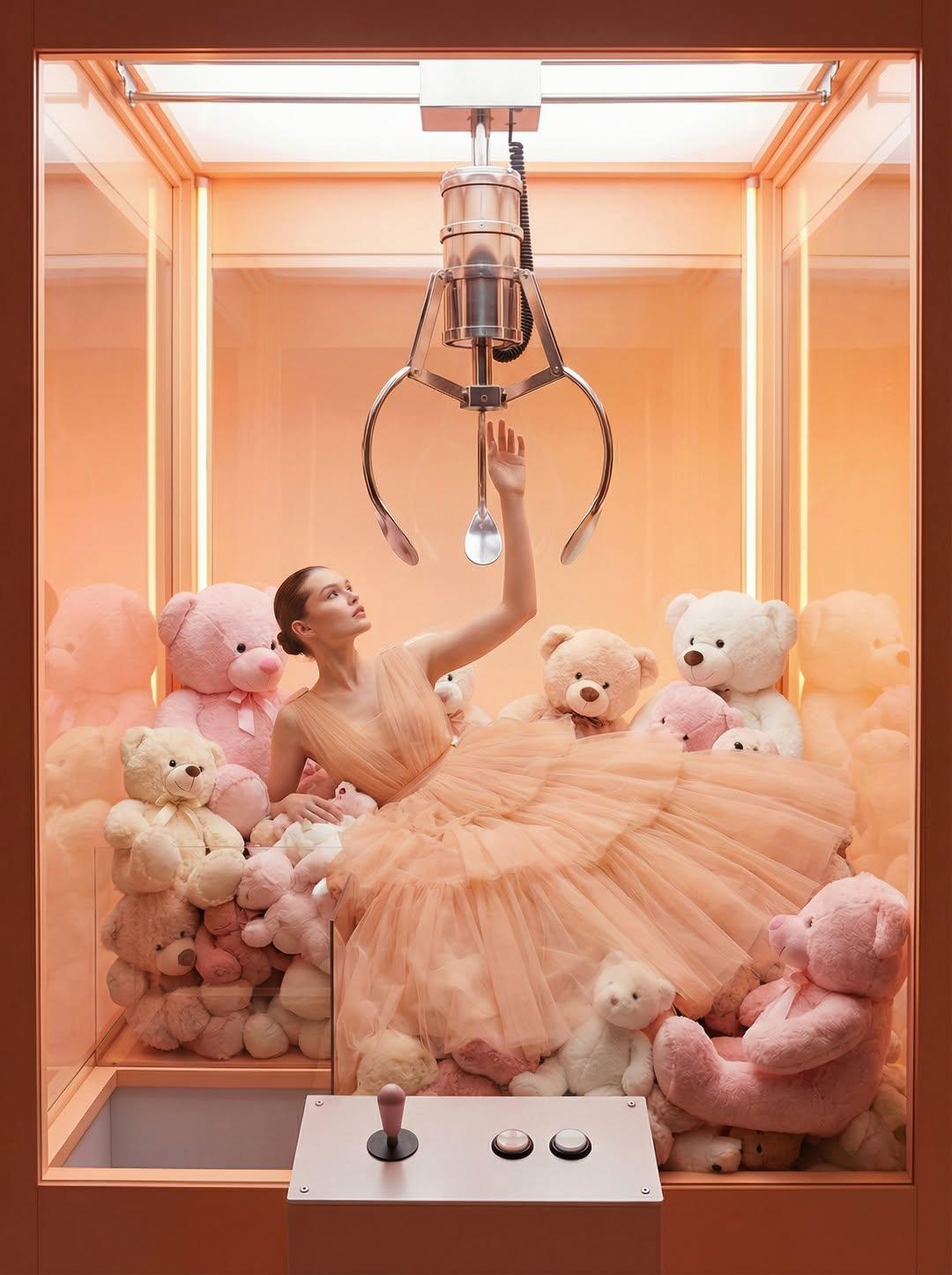 高时尚杂志摄影，超现实主义抓娃娃机概念