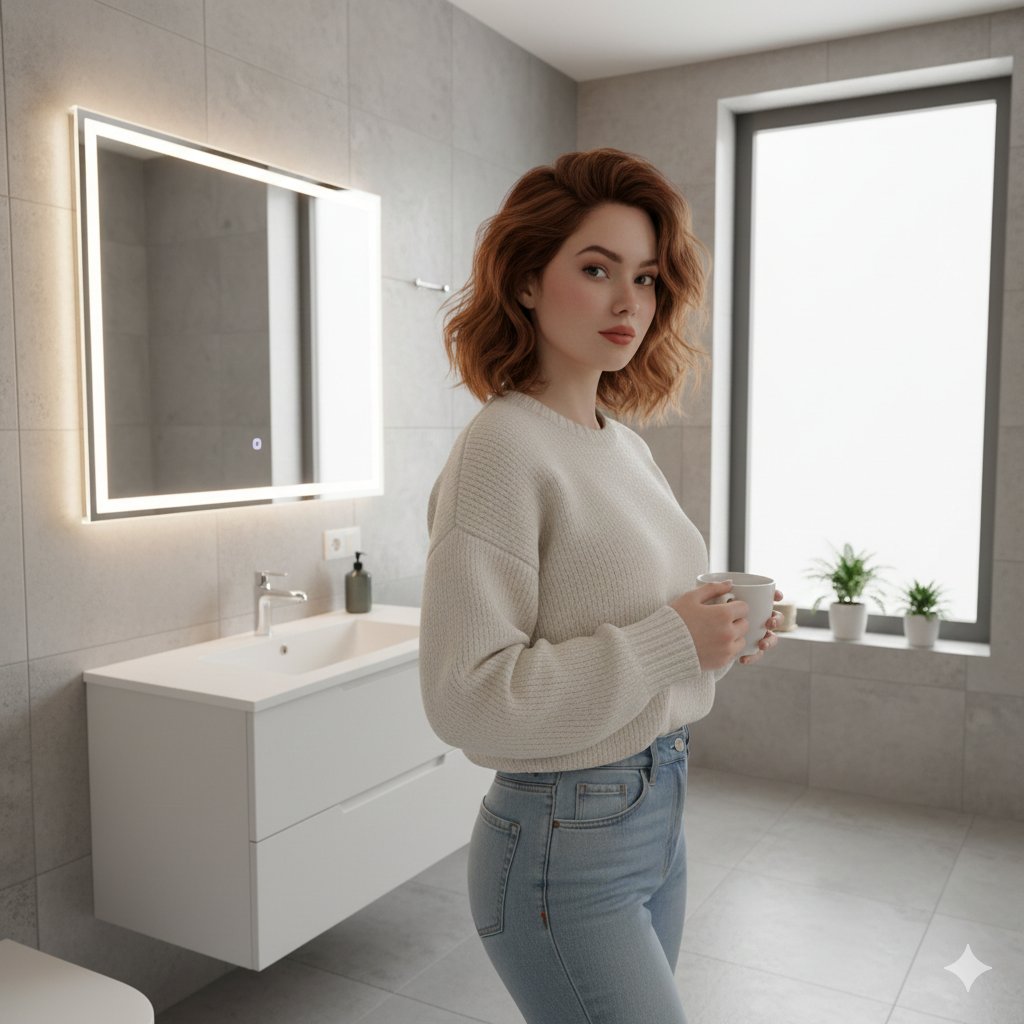 现代浴室中站立的女性的超现实主义肖像