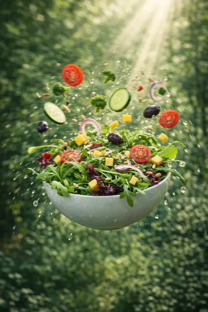 Gemini Nano Banana Pro - 绿色森林中的悬浮沙拉碗