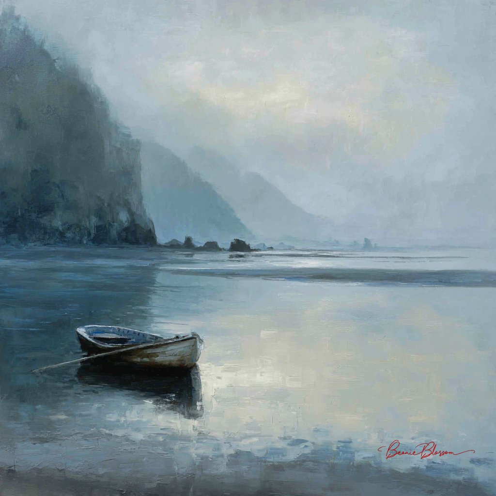 晨雾海湾边缘的孤舟