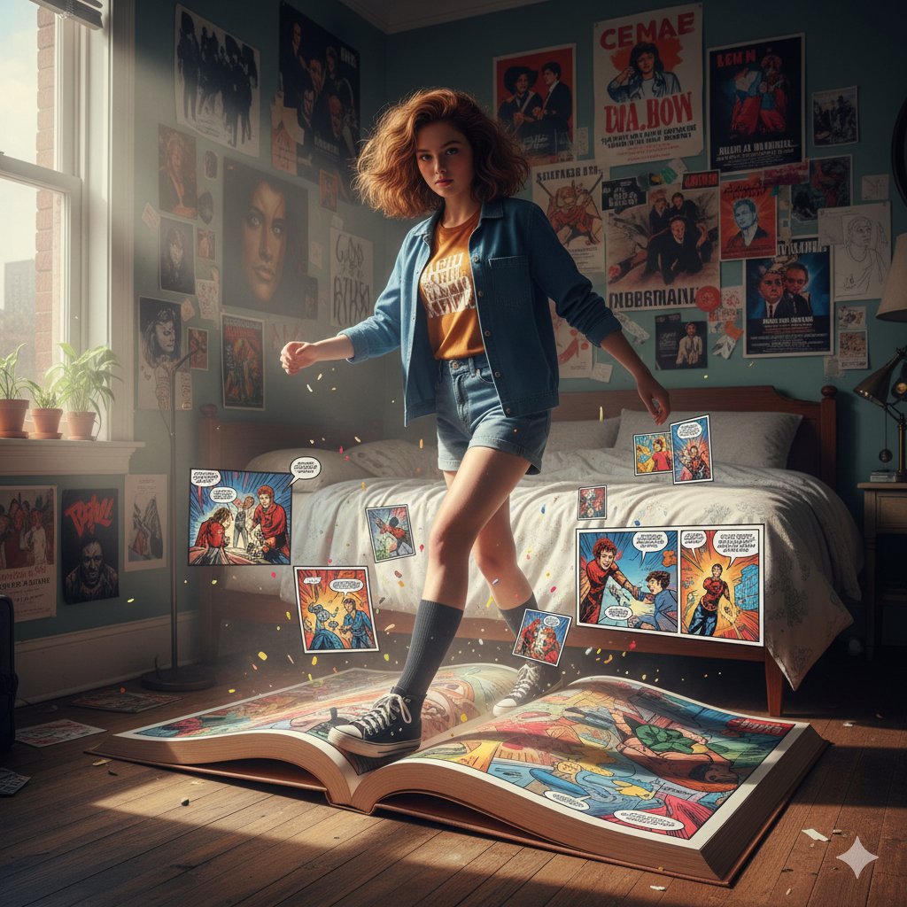 少女从巨型漫画书中走出