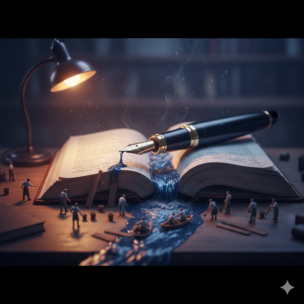 倾斜微距场景：巨型钢笔与艺术家