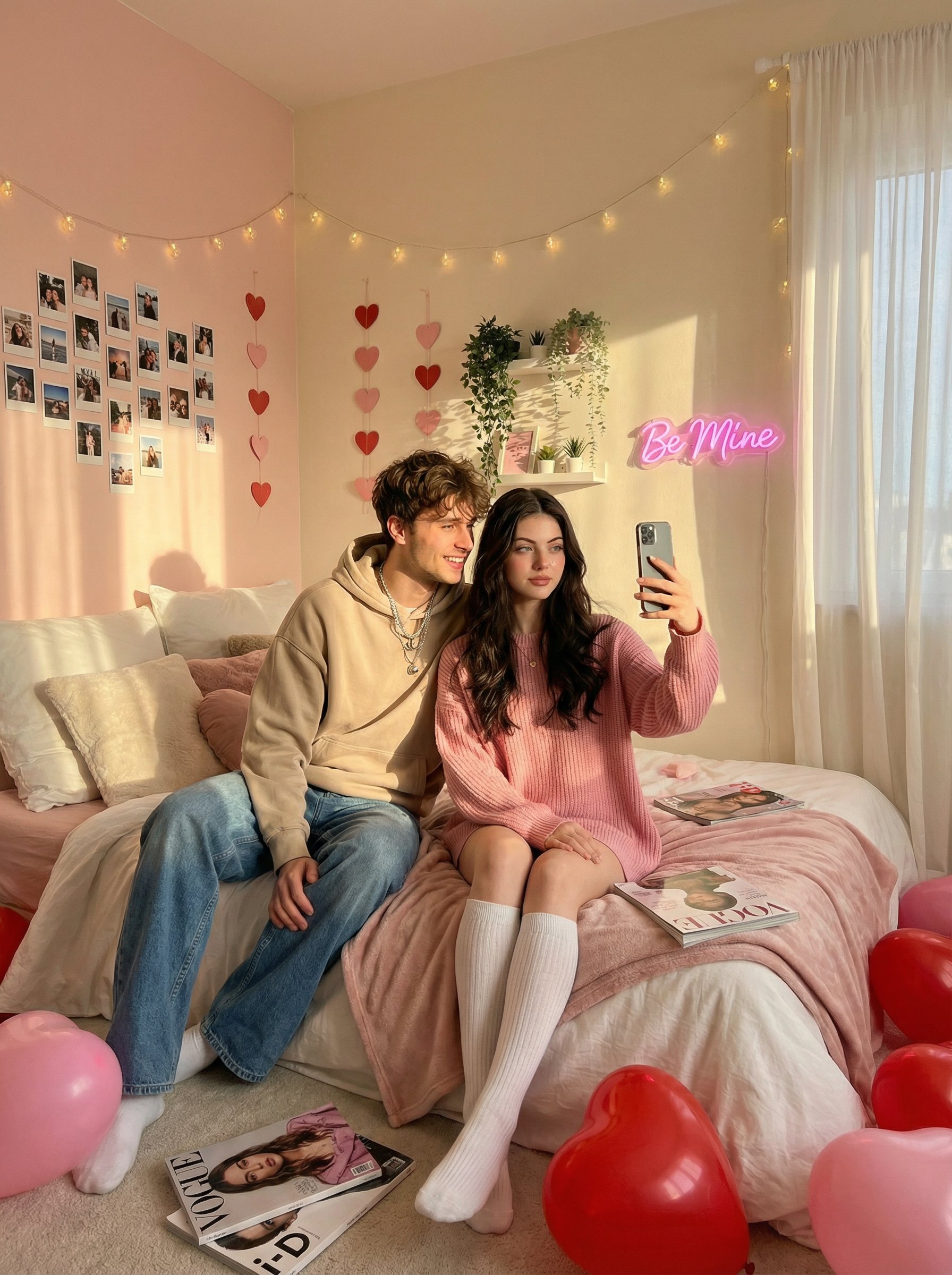 现代霓虹灯工作室中潮流Gen Z情人节拍摄