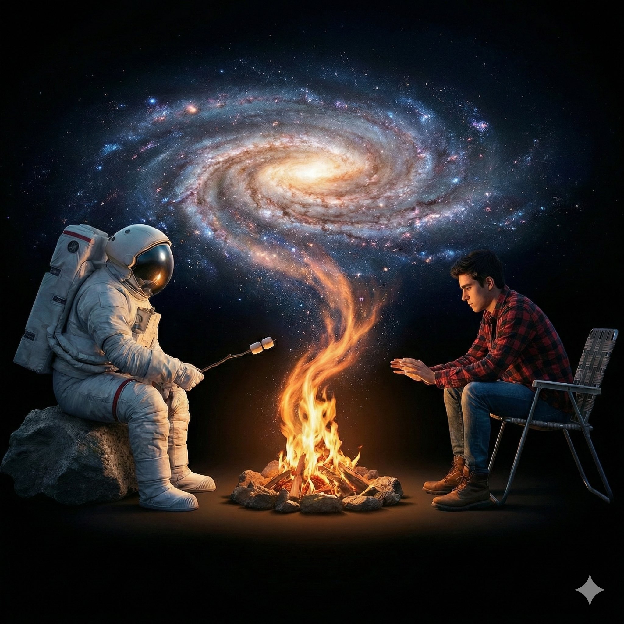 抽象宇宙空间中的人物与篝火