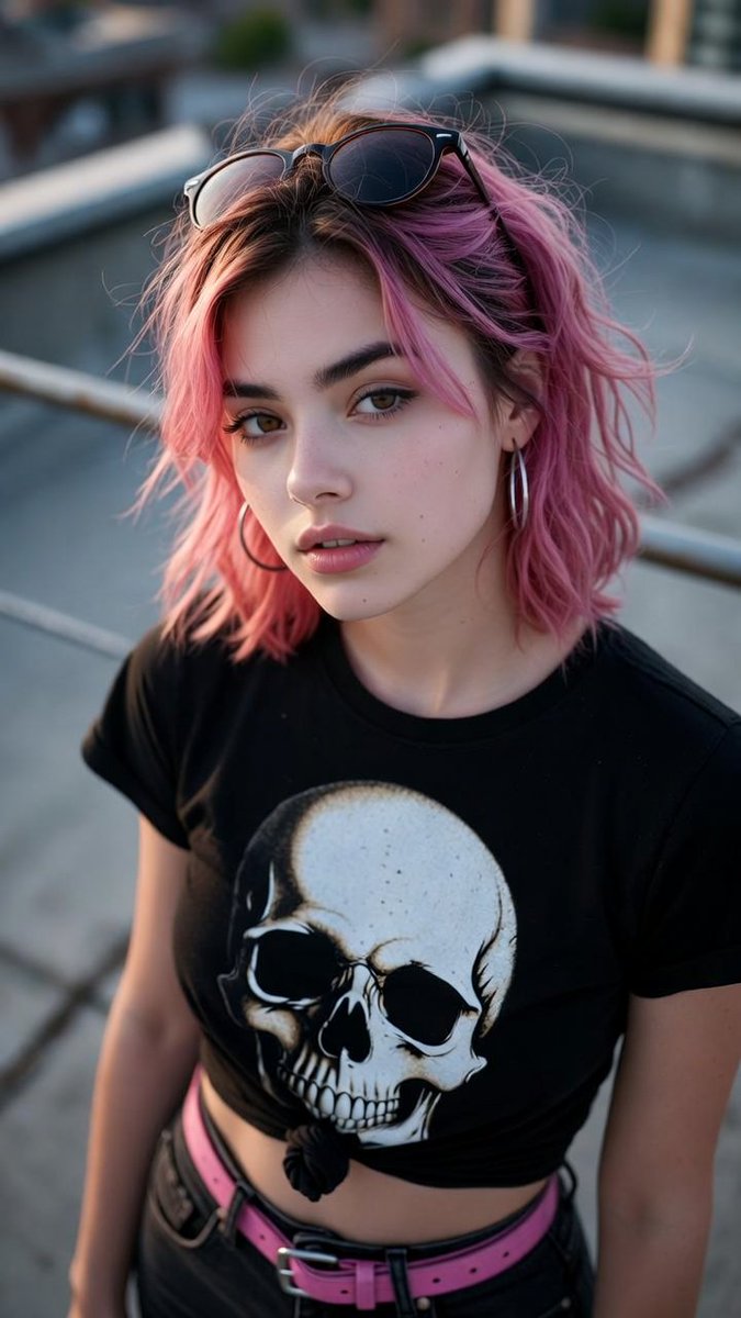 都市屋顶日落下的自信年轻女性