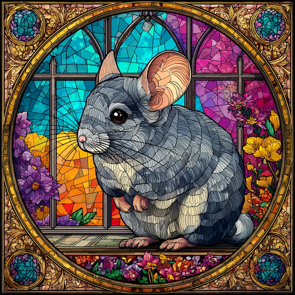 乡村风格染色玻璃插画中的可爱金丝熊