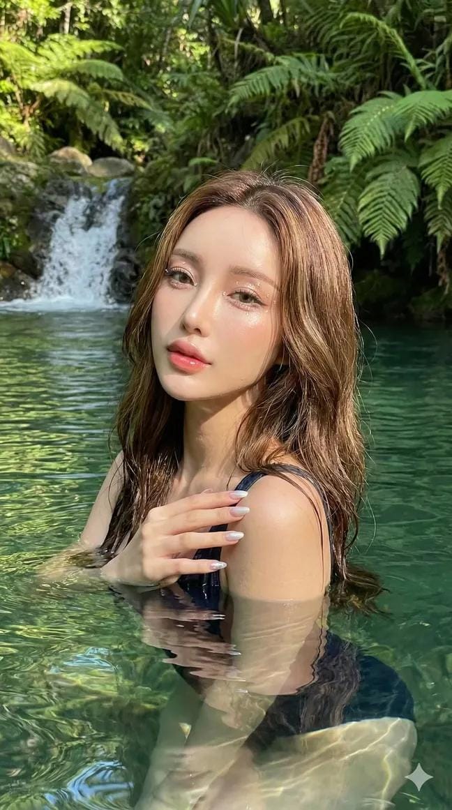 翠绿自然泳池中的时尚女性肖像