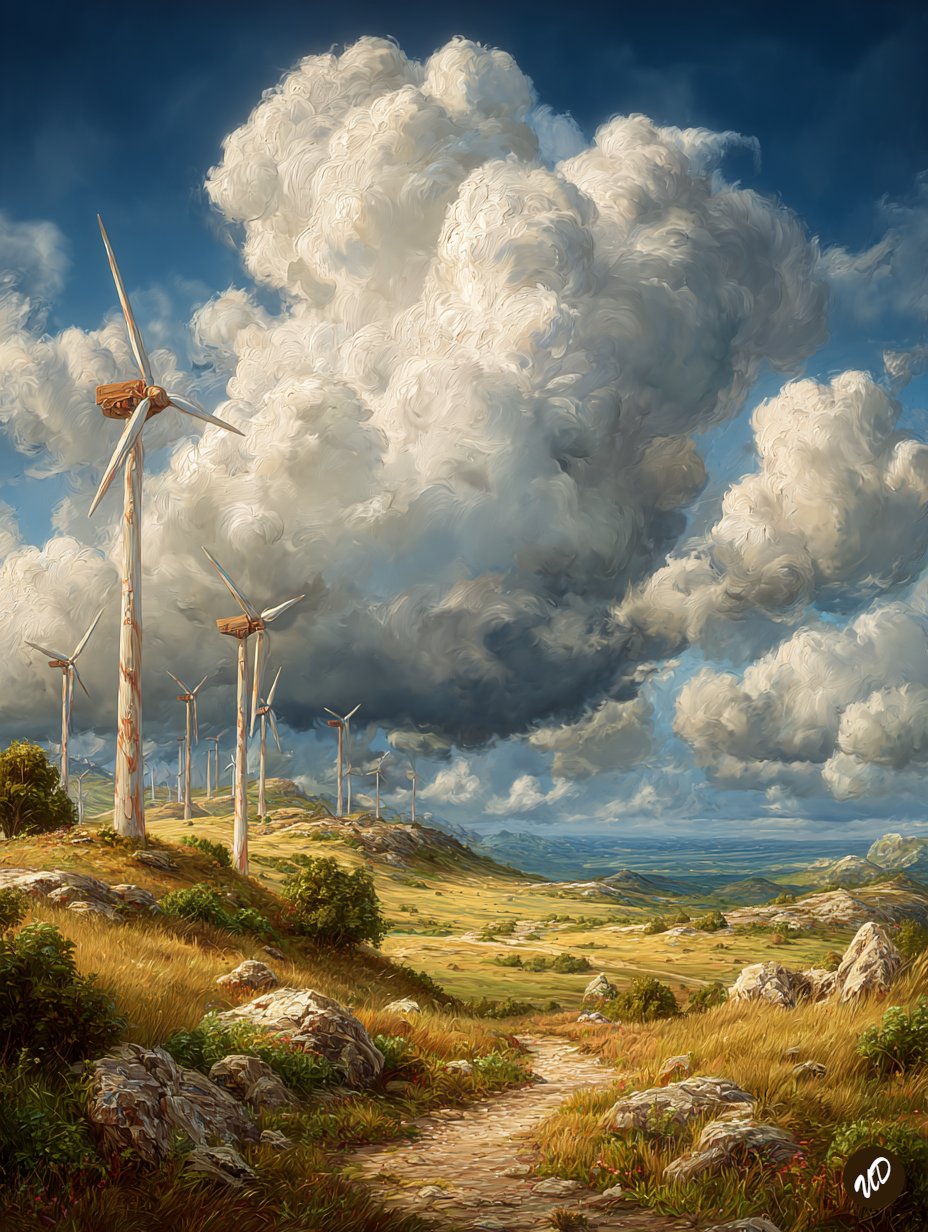 山顶草丛中的彩色风力涡轮机