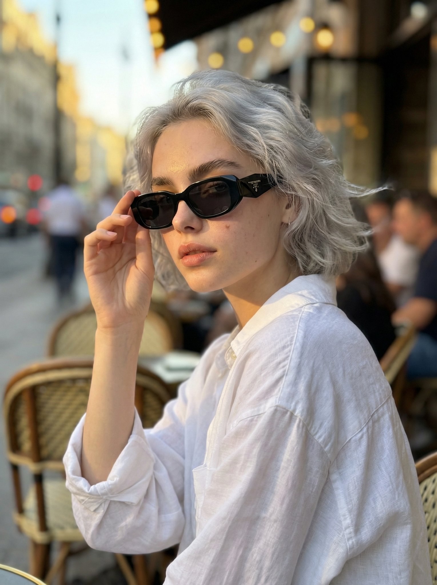 户外咖啡馆金色时刻的时尚年轻女性肖像